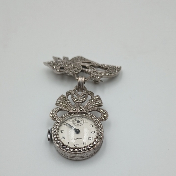 Marcasite Sterling Stamped Winton Brooch/Lapel Watch Working Late 1940 Era. - Picture 1 of 8